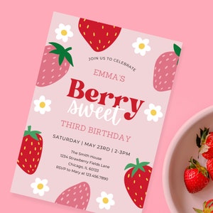 Invito di compleanno Berry Sweet, compleanno per ragazze, modello modificabile, invito via e-mail, download immediato, fragole e margherite
