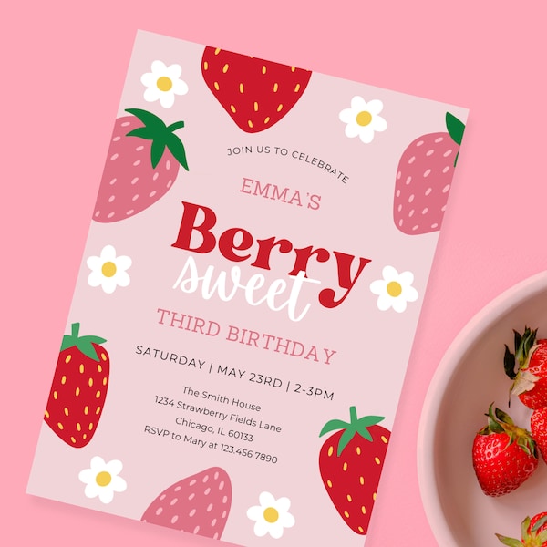 Invitación de cumpleaños Berry Sweet, cumpleaños de niñas, plantilla editable, invitación por correo electrónico, descarga instantánea, fresas y margaritas