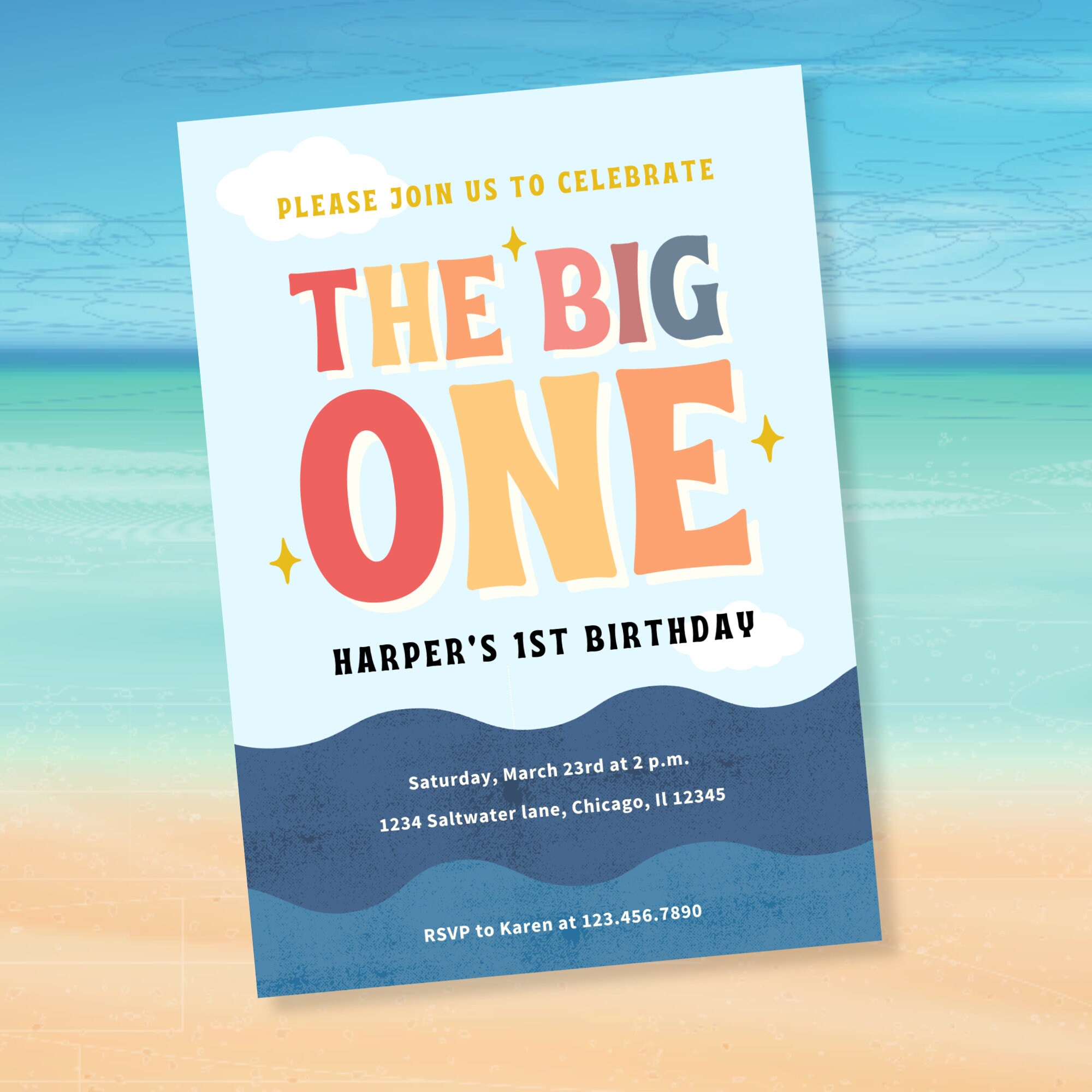 The big one birthday Invitation first birthday editable template email invite instant download surf party theme beach digital
