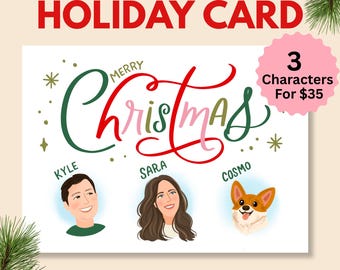 Custom family portrait Christmas card, printable holiday card, illustrated card, digital download, new year card, 3 person family portrait