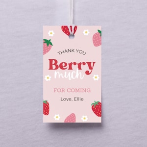 Étiquettes de cadeau d'anniversaire doux aux baies, modèle modifiable, 1er anniversaire de fille, téléchargement immédiat, fraises et marguerites, toile, cadeaux