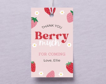 Berry sweet birthday party favor tags, editable template, 1st birthday girl, instant download, strawberries and daisies, canva, party favors