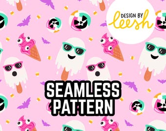 Summerween Ghost Popsicle Seamless Pattern, Pink & Mint (Digital Download)