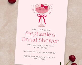 Cherry Bridal Shower Invitation Template, Coquette evite template, digital download, Cherry Martini Cocktail Party