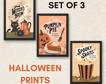 Halloween Kitchen Wall Art Set of 3, Retro Halloween Prints, Witch’s Brew Coffee Print, Pumpkin Pie Art, Spooky Snacks Printable