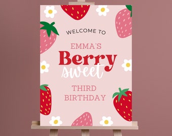Berry sweet birthday welcome sign, editable template, 1st birthday girl, instant download, strawberries and daisies, canva, party decor