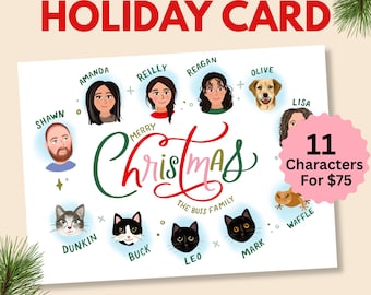 Custom family portrait Christmas card, printable holiday card, illustrated card, digital download, new year card, 11 person family portrait