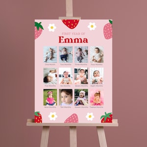Signo de hito del 1er cumpleaños, póster del primer año del bebé imprimible, dulce de bayas, collage de fotos del 1er cumpleaños, descarga instantánea, fresas