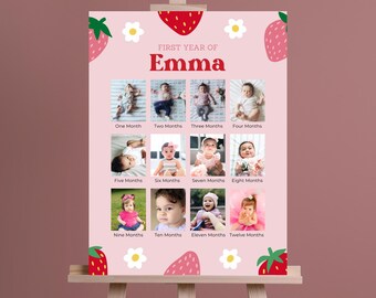Berry Sweet 1st Birthday Milestone Sign: Editable Photo Collage (Digital Download)