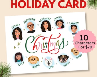 Custom family portrait Christmas card, printable holiday card, illustrated card, digital download, new year card, 10 person family portrait