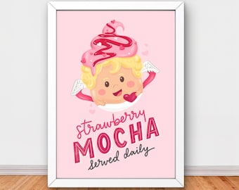 Valentine Coffee Bar Printable Wall Art, Strawberry Mocha Cupid Mug, Café Chalkboard Style Valentine Decor, Coffee Lover Valentine Print