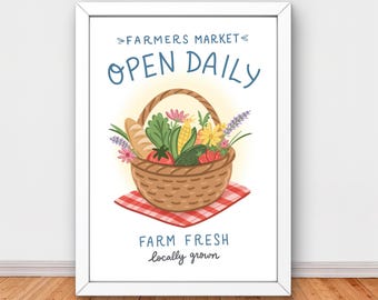 Farmers market printable wall art, retro kitchen poster, cottagecore farm fresh decor, digital download