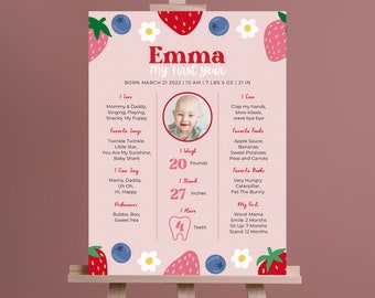 1st birthday milestone sign, berry sweet milestone board, editable template, 1st birthday girl, instant download, strawberries blueberries