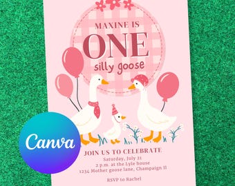 One Silly Goose Birthday Invitation Template, Editable Canva Invite, Pink Gingham Girl 1st Birthday, Coquette Bow Party, Instant Download