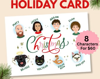 Custom family portrait Christmas card, printable holiday card, illustrated card, digital download, new year card, 8 person family portrait