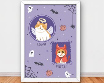 Custom Halloween Pet Portrait, Hand-Drawn Illustration, Digital download, fall pet portrait, fully custom, fall wall art