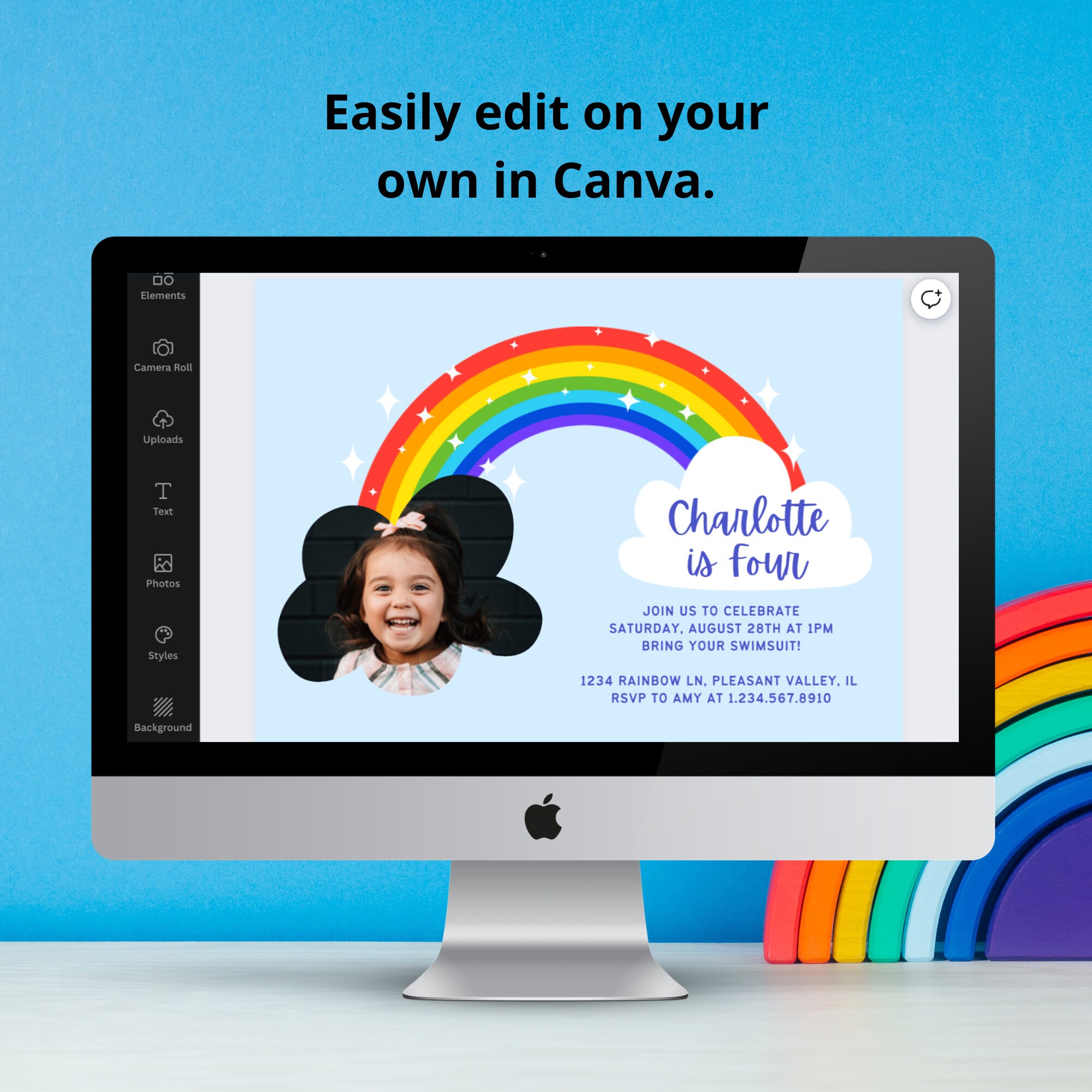 Rainbow Party Invite Editable Template Kids Birthday Photo Evite Rainbow Party Invite Editable Template Kids Birthday Photo Evite