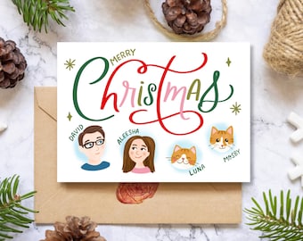 May include: A white Christmas card with the words "Merry Christmas" in red, green, and pink lettering. There are illustrations of two people and two cats with their names below them: David, Aleesha, Luna, and Mosby.