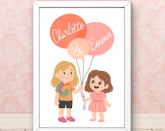 Custom Sibling Portrait with Balloons, Personalized Family Illustration, child keepsake, digital download