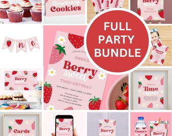 Strawberry First Birthday Bundle, Berry Sweet Party Decor Kit, Editable Canva Invitation, Cupcake Toppers, Thank You Card, Instant Download