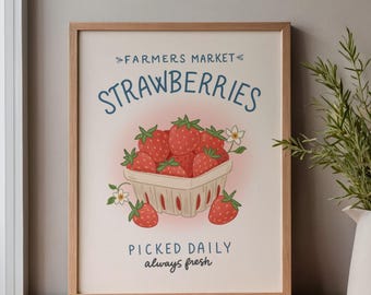 Farmers market strawberries printable wall art, retro kitchen poster, cottagecore farm fresh decor, digital download