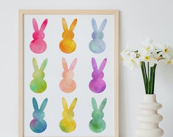Easter Bunnies Print, watercolor bunny, Easter decor, playroom prints, digital download, printable spring decor, spring prints