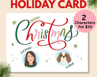 Custom family portrait Christmas card, printable holiday card, illustrated card, digital download, new year card, 2 person family portrait