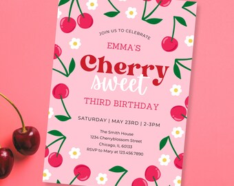 Cherry Sweet Birthday Invitation, girls birthday, editable template, email invite, instant download, cherries and daisies