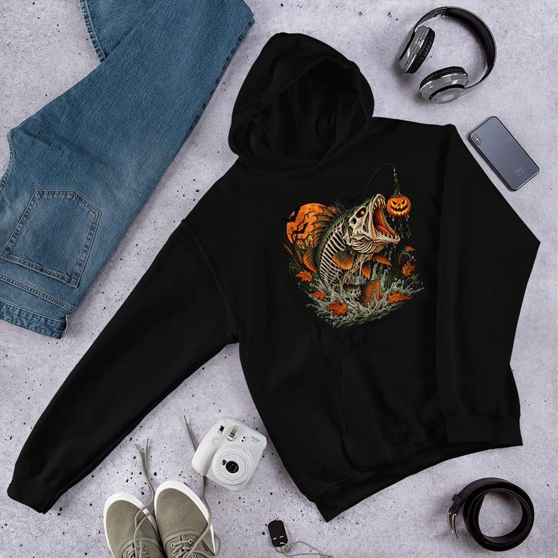Halloween Fishing Hoodie | Skeleton Bass Hoodie | Spooky Fisherman Gift | Haunted Lure Bass Fishing Hoodie