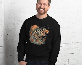 Bluza wędkarska na Halloween | Bluza z okrągłym dekoltem Skeleton Bass | Upiorny prezent dla rybaka | Bluza wędkarska z nawiedzoną przynętą