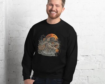 Bluza z nadrukiem „Hooked on Nightmares” | Bluza z okrągłym dekoltem Skeleton Sumfish | Upiorny prezent wędkarski | Bluza z nadrukiem „Halloween Fisherman”