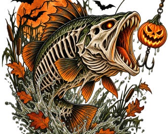 Può includere: Un pesce scheletrico con occhi arancioni luminosi salta fuori dall'acqua, con la bocca spalancata, inseguendo un'esca a forma di zucca di Halloween su una lenza. La scena include foglie autunnali arancioni, tife e sagome di pipistrelli.