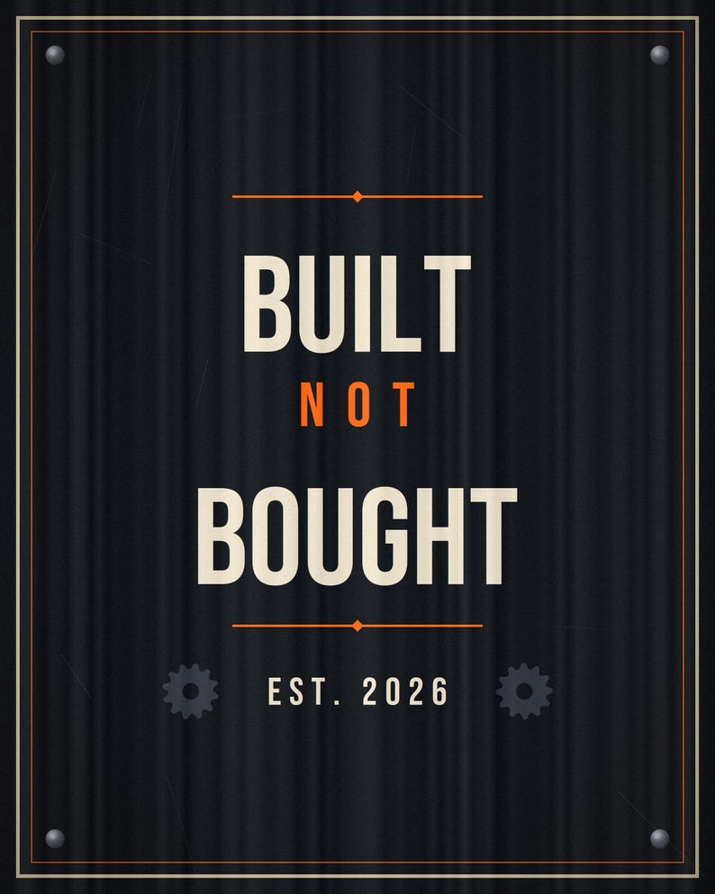 Pu&ograve; includere: Un cartello rettangolare nero con una texture a coste verticali, che presenta il testo bianco BUILT NOT BOUGHT, con NOT in arancione. Sotto, il testo EST. 2026 &egrave; affiancato da due piccole icone a forma di ingranaggio. Il cartello ha un sottile bordo arancione e quattro rivetti argentati.