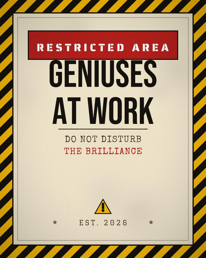 Pu&ograve; includere: Un cartello rettangolare con un bordo a strisce diagonali gialle e nere. Presenta una fascia rossa con il testo RESTRICTED AREA, seguito dal testo nero GENIUSES AT WORK, DO NOT DISTURB THE BRILLIANCE, un'icona di avvertimento gialla e EST. 2026.