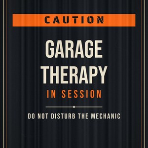 Pu&ograve; includere: Una targa rettangolare in metallo nero con una texture ondulata e quattro rivetti argentati agli angoli. La targa presenta un testo arancione e crema che recita: CAUTION GARAGE THERAPY IN SESSION DO NOT DISTURB THE MECHANIC, incorniciato da un sottile bordo arancione.