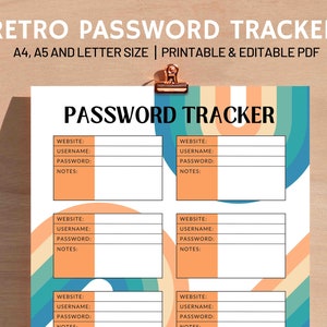 Könnte beinhalten: Druckbarer Passwort-Tracker im Retro-Design. Der Tracker hat einen bunten Hintergrund mit orangefarbenen, blauen und grünen Streifen. Er verfügt über Abschnitte für Website, Benutzername, Passwort und Notizen.