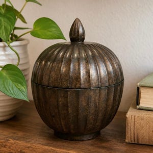 May include: A spherical, dark bronze-toned lidded container with a vertical ribbed texture and a pointed finial on top. The object features a weathered, metallic finish with subtle variations in color, creating a textured appearance.