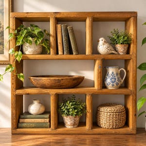 May include: A wooden shelving unit with nine compartments containing a potted pothos, three vintage books, a ceramic bird, a wooden bowl, a blue and white floral pitcher, a small vase, a second potted plant, and a woven basket.