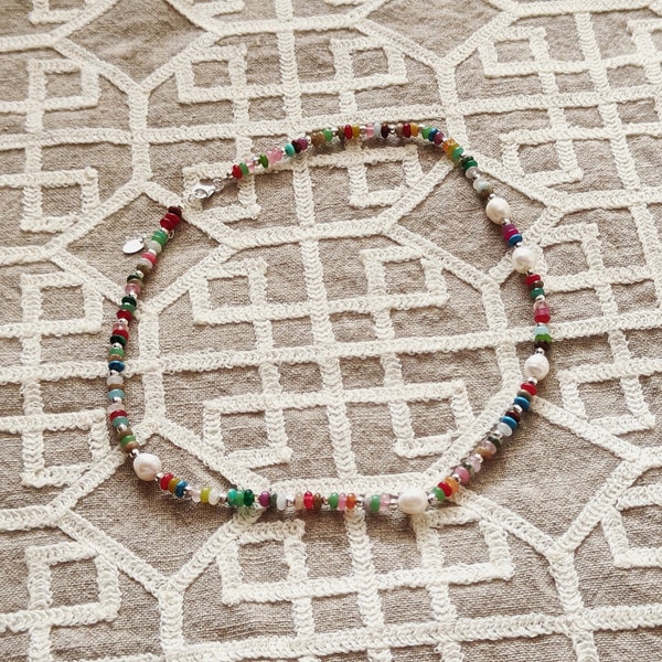 Multicolor Natural Stone, 925 Silver, Choker Necklace, Pearl Necklace, 18" Princess Necklace, Handcrafted Beaded Necklace Gif for her