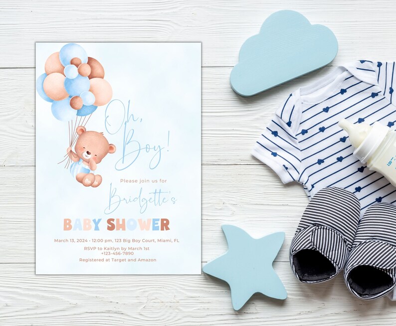Editable Blue Teddy Bear Baby Shower Invitation, Oh Boy Baby Shower