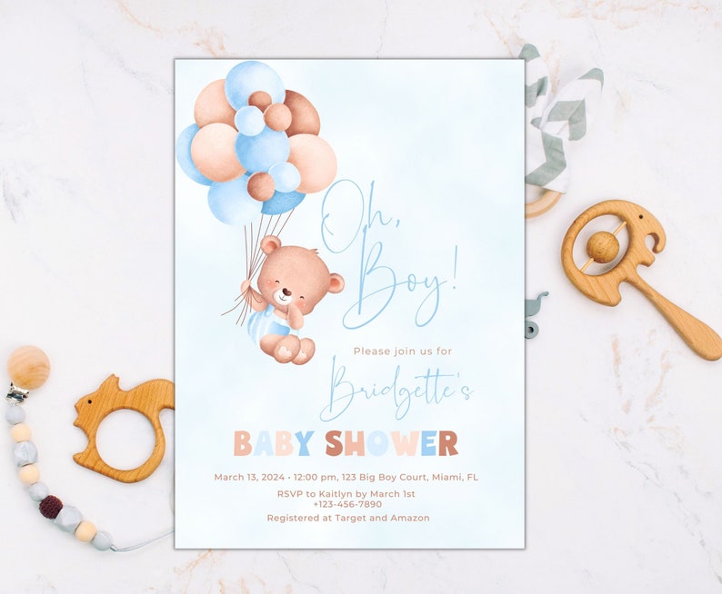Editable Blue Teddy Bear Baby Shower Invitation, Oh Boy Baby Shower