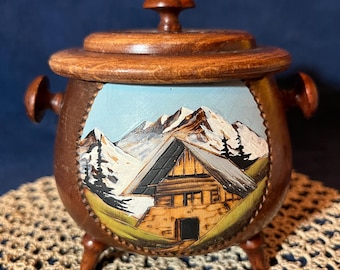 Vintage Hand Painted-Wood Burned Wooded Jar/Box Originating From the Black Hills Germany or Switzerland. Tobacco or Trinket Jar