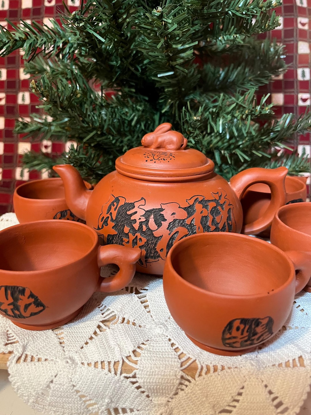 Vintage Chinese Yixing Red Clay Teapot and Cups Etsy