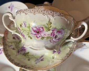 Set of 5 Antique German Porcelain Two Handed Boulion/Broth or Cream Soup Cup and Saucer Sets. Victorian Tea Party Decor, Hand Painted.