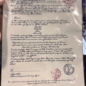 May include: A parchment-like document titled "Deed of Immortal Soul" with handwritten text and red ink stamps. The document outlines definitions, terms, and conditions, including a signature line and a seal.