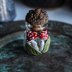 Pode incluir: Um pequeno frasco de vidro com uma tampa de cortiça decorada com uma bolota marrom, dois cogumelos vermelhos e brancos e folhas verdes.