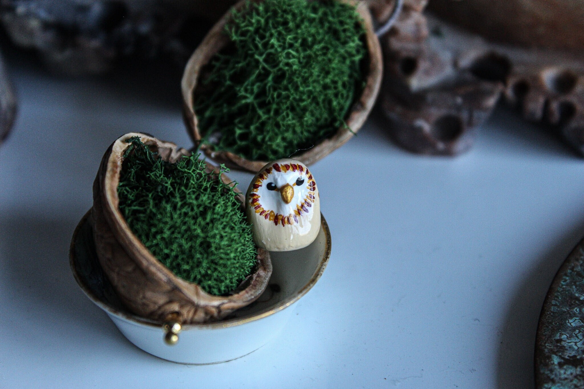 Handmade Clay Owl – Barn Owl Totem with Walnut Shell