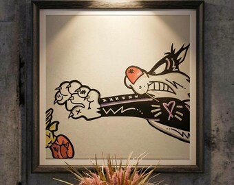 Originalgemälde von Sylvester und Tweety, 12x12 Looney Tunes Pop Art