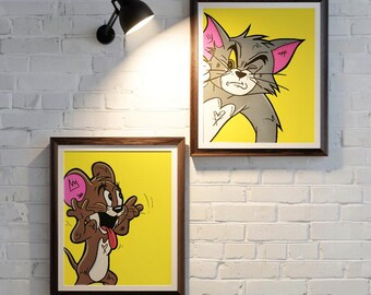 Tom and Jerry Original Painting Set, 8x10 Cartoon Pop Art, Matching Pair