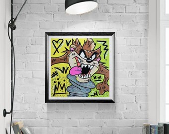 Originalgemälde „Tasmanischer Teufel“, 12x12 Looney Tunes Pop Art
